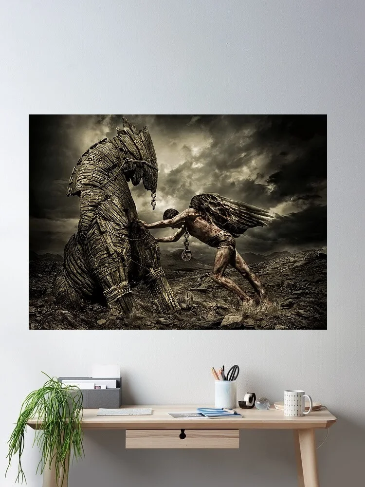 Dark Fantasy Duel: Titans Collide in Epic, Art Print Silk Poster Home Wall Decor