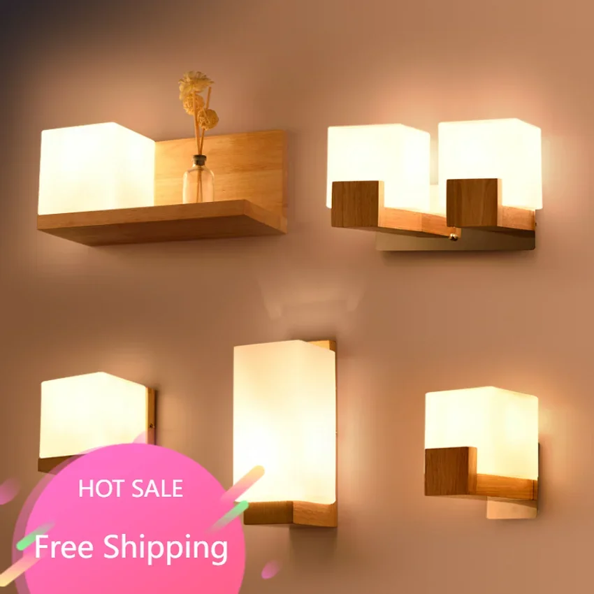 

Japaness Wooden Wall Sconce Lights for Bedroom Bedside Hotel Restaurant Hallway Aisle Decoration Wood Lamp Fixtures Glass Modern