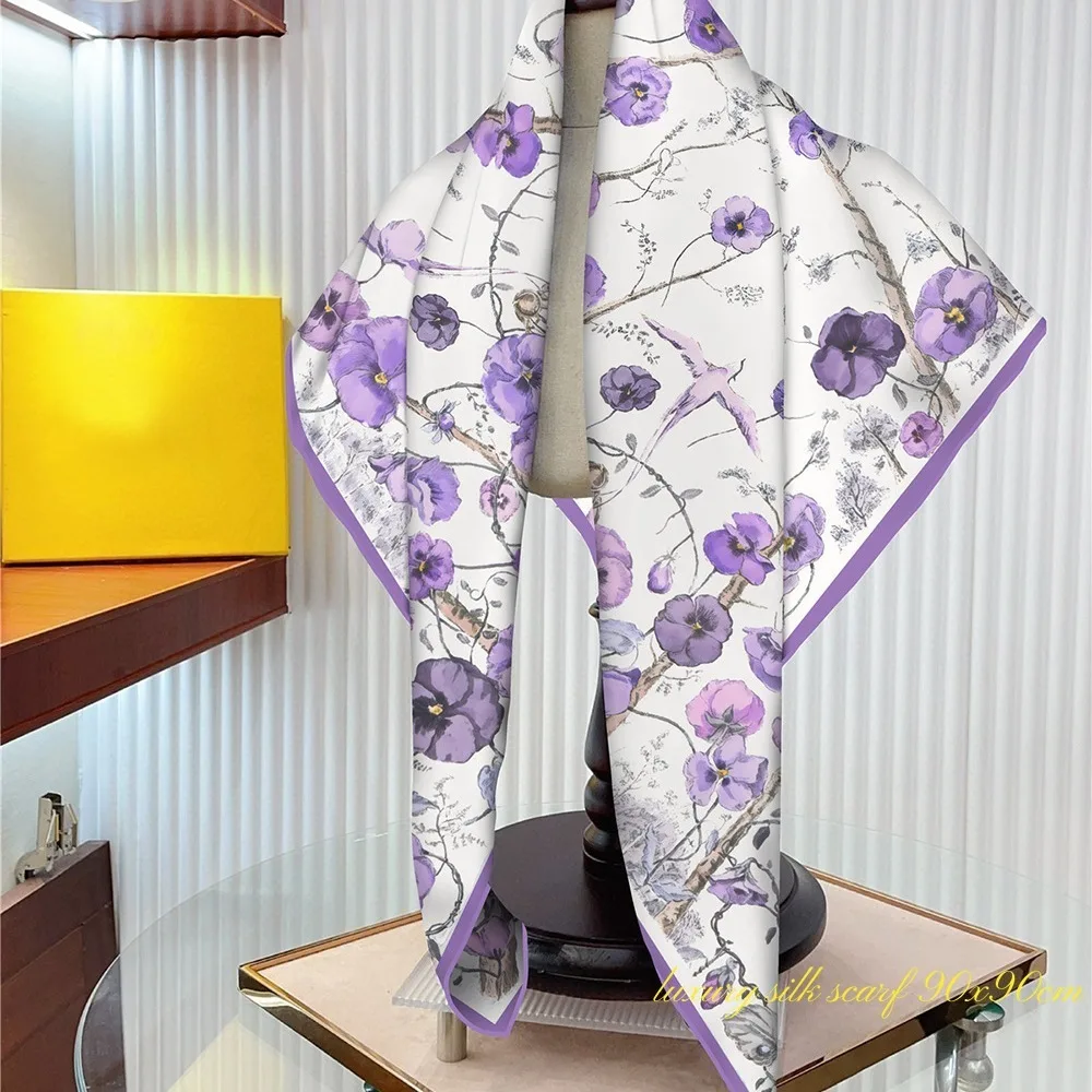 Mother's Day Gift French Twill Silk Jungle Violet Flower Sea Shawl Large Square Scarf Scarf Decorative Scarf Luxury