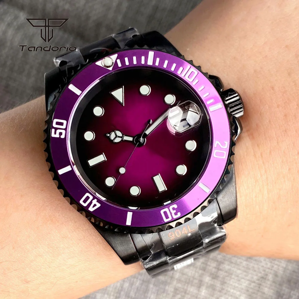 Tandorio NH35A Mechanical Purple Sunburst Sapphire Automatic Watch Date Waterproof Fashion 40mm Men's Stainless Steel Wristwatch
