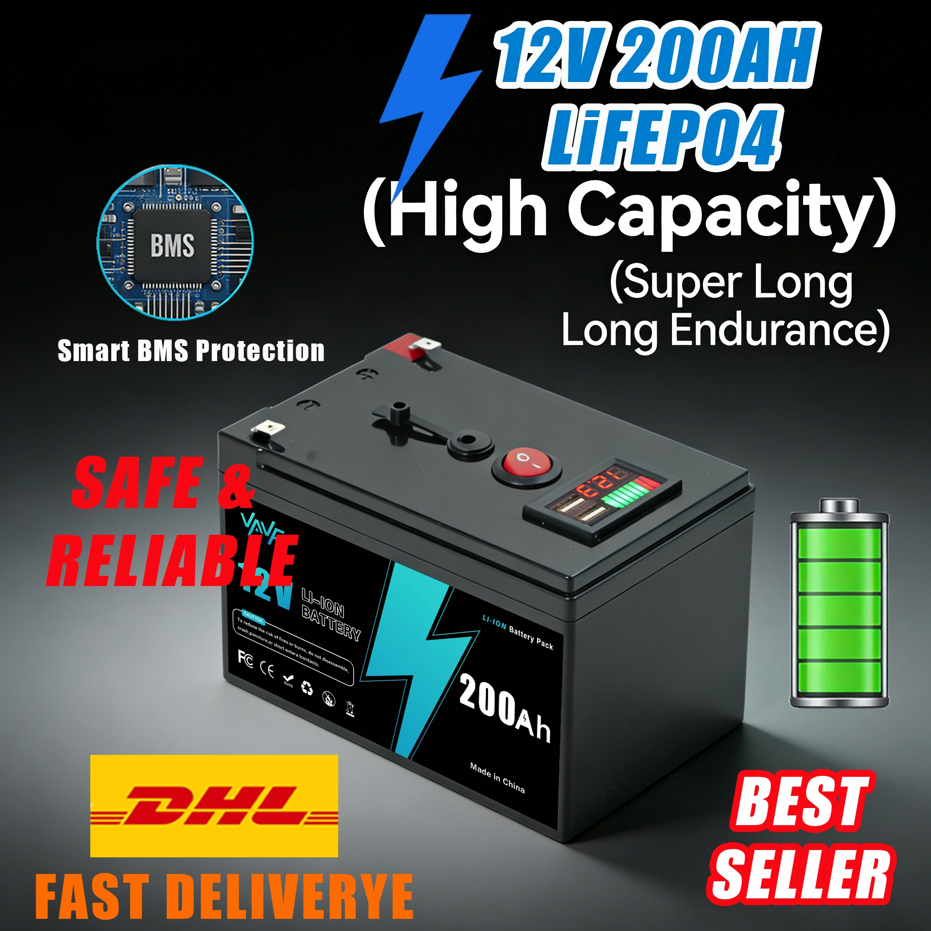 

Литиевый ⛅️ Аккумулятор 12В 200Ач ️ Литий-железо-фосфатная батарея с улучшенным BMS — идеально подходит для солнечных батарей, фургонов, лодок, солнечной батареи