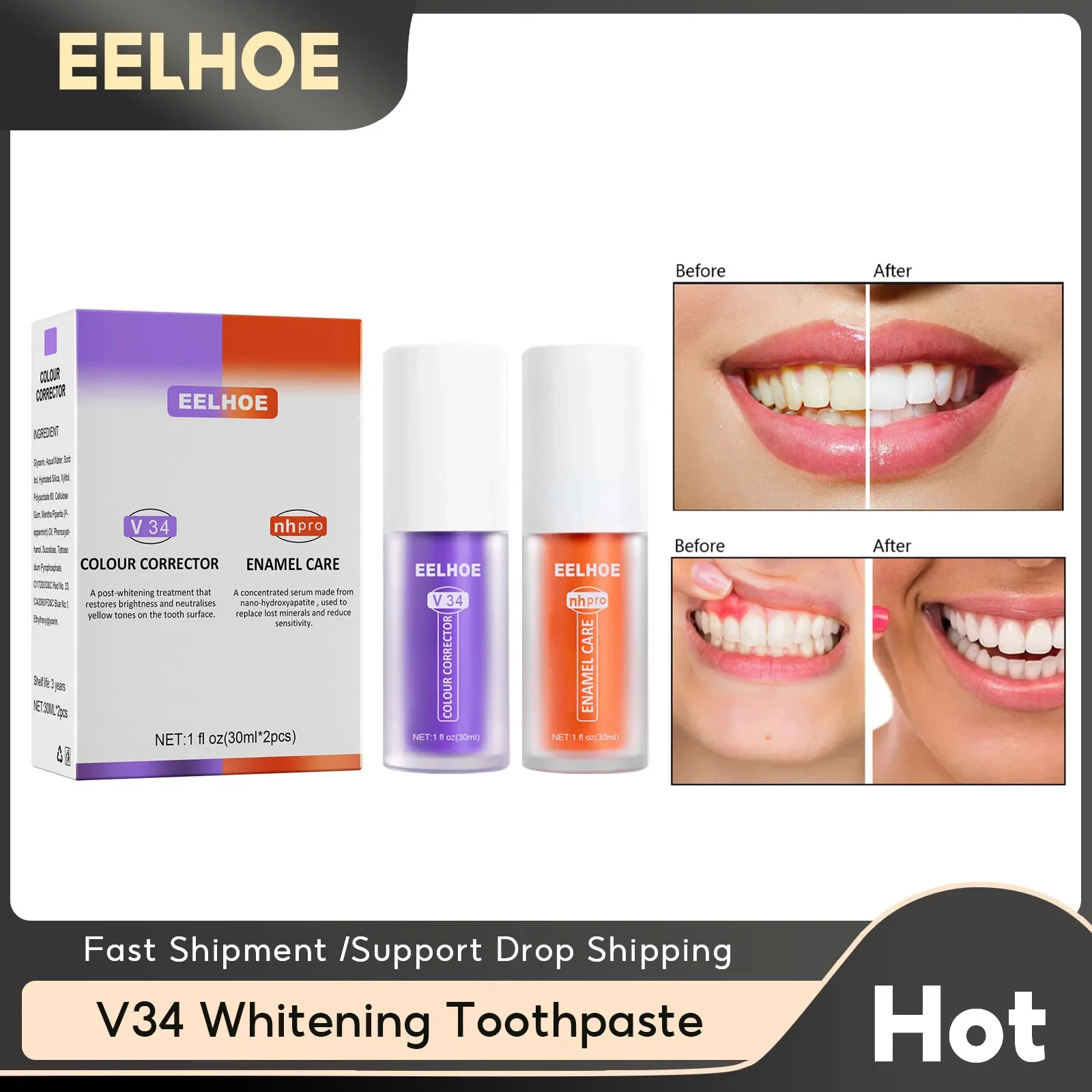 V34 Tooth whitening Cleaning stains Oral cleaning Fresh breath Total efficiency Smile Beautiful Purple Orange Combo Toothpaste