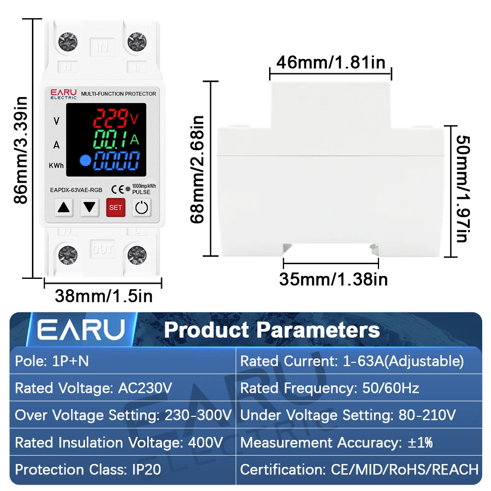 EARU 63A 230V Adjustable Over Current Limit Over Under Voltage Protective Device Protector Relay Energy Power kWh Meter Display