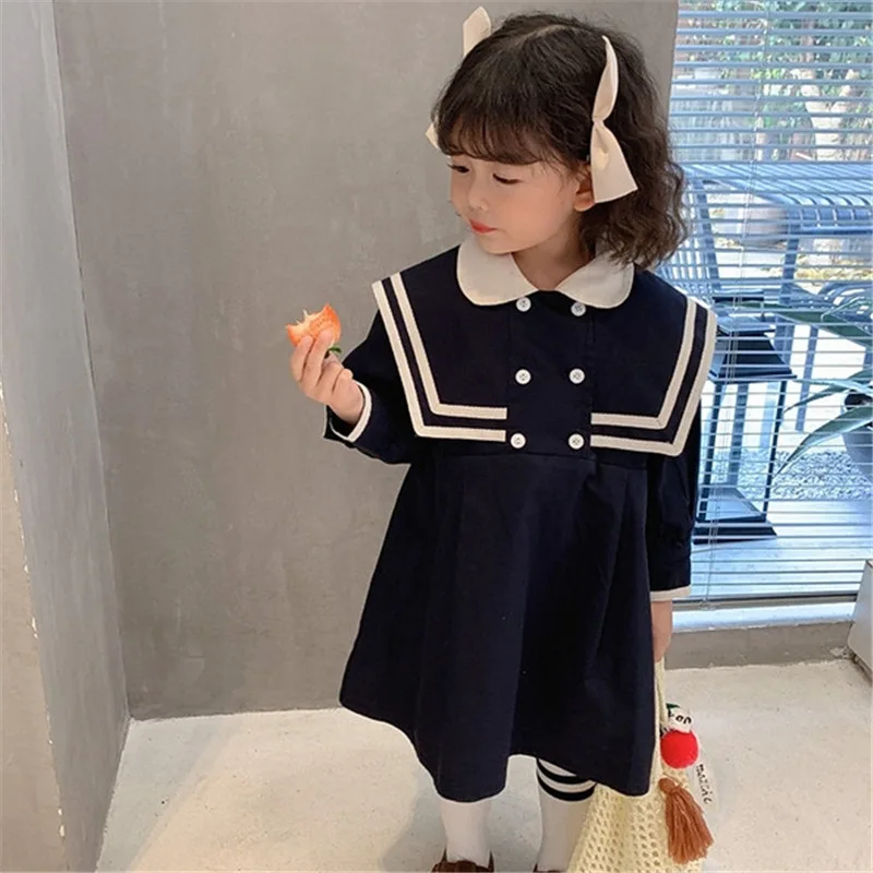 

2025Spring and Autumn Style Baby Girl Korean Style Preppy Fashion Princess Dress Children's Navy Style Dress