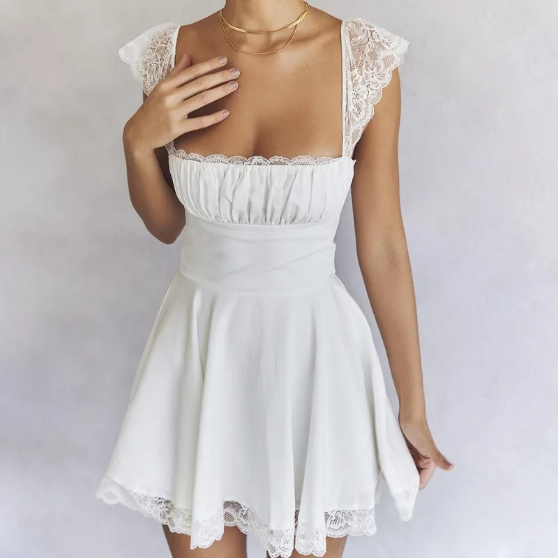 

Lace Square Collar U Neck Mini Dress Skirt Straps Suspenders Slim Aline Backless White French Sweet Dress Summer Sleeveless