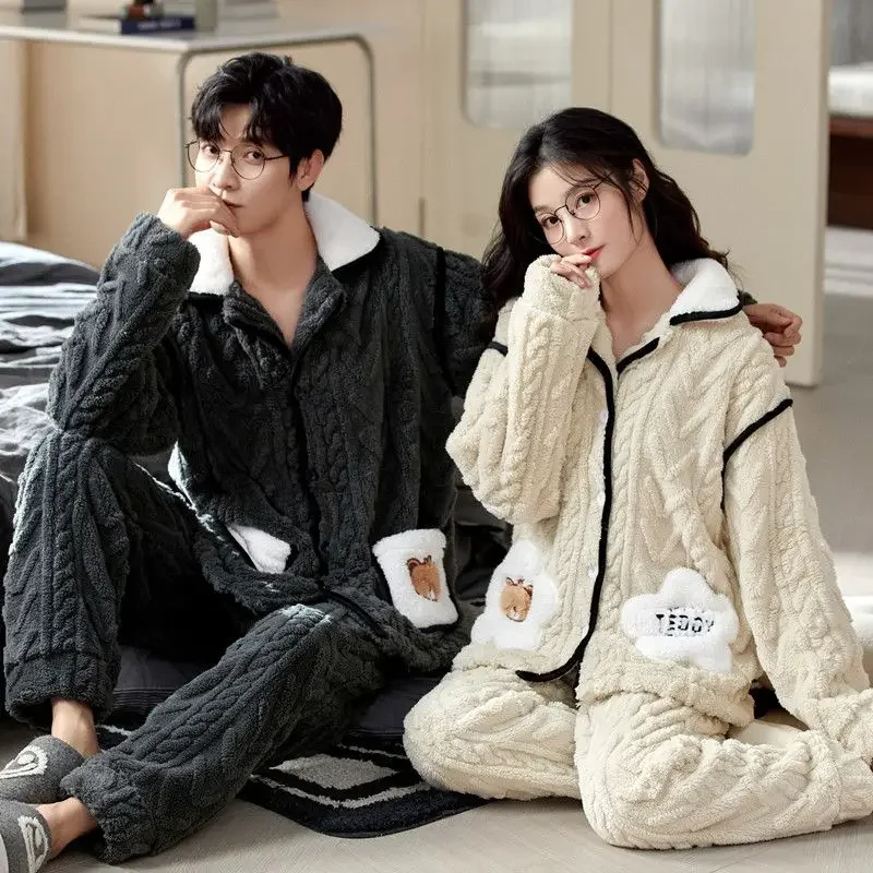 2024 New Sleepwear Couples Autumn and Winter Sleepwear Coral Plush Plush Thickened Loungewear Men Women\'s Hooded Homewear Set