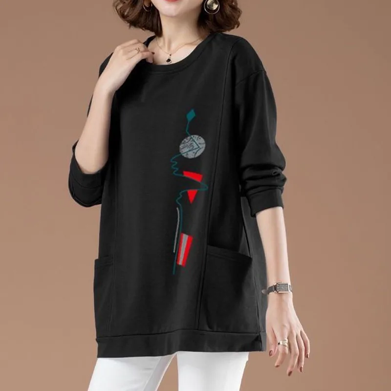 Loose O-Neck Bright Line Printing Basic Thick Middle Aged Mother Clothing Cotton Two Pockets Multiple Colors Sweatshirts Casual