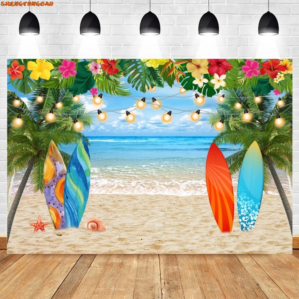 Летние тропические фоны Гавайский Луау Алоха Декор для вечеринки Пляж Пальма Фламинго Доска для серфинга Фотография Фон для фотостудии
