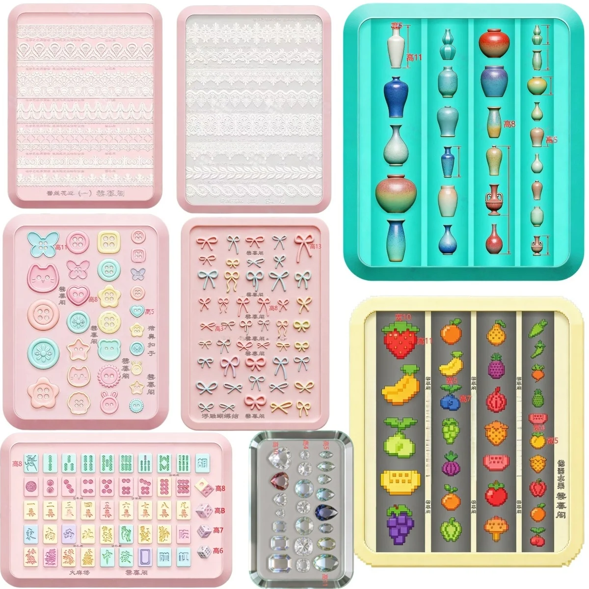 Bows Buttons Gemstones Flowers Fruit Lace Trimmings Nail Art Stamping Carved Silicone Mold DIY Template Stencils Reusable Tools