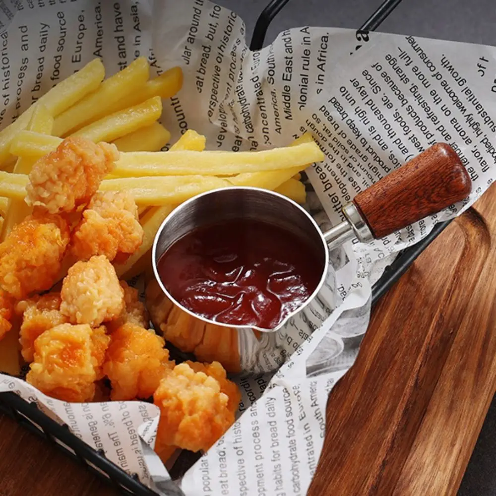 304 Stainless Steel Sauce Pan Wooden Handle 60ml/120ml/180ml Seasoning Cup Reusable Measuring Spoon Steak