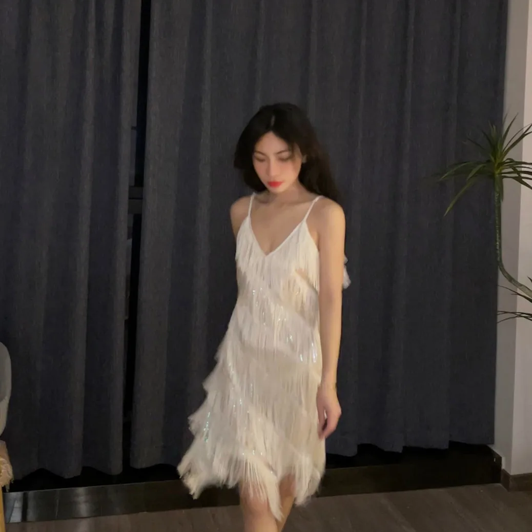 

Sequined Fringed Dresses Suspender Dress Stage Wear Dress Vightclub Party Dance Costum SexyTassel Leotard Performanc Short Skirt