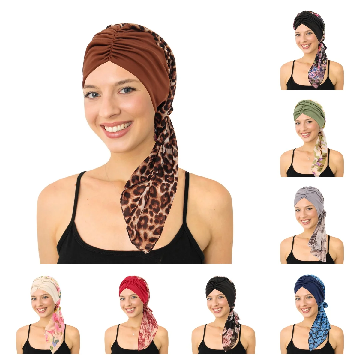 Womens Pre-Tied Turban Cap Muslim Hijab Cancer Chemo Flower Print Hat Cover Hair Loss Head Scarf Wrap Strech Bandana