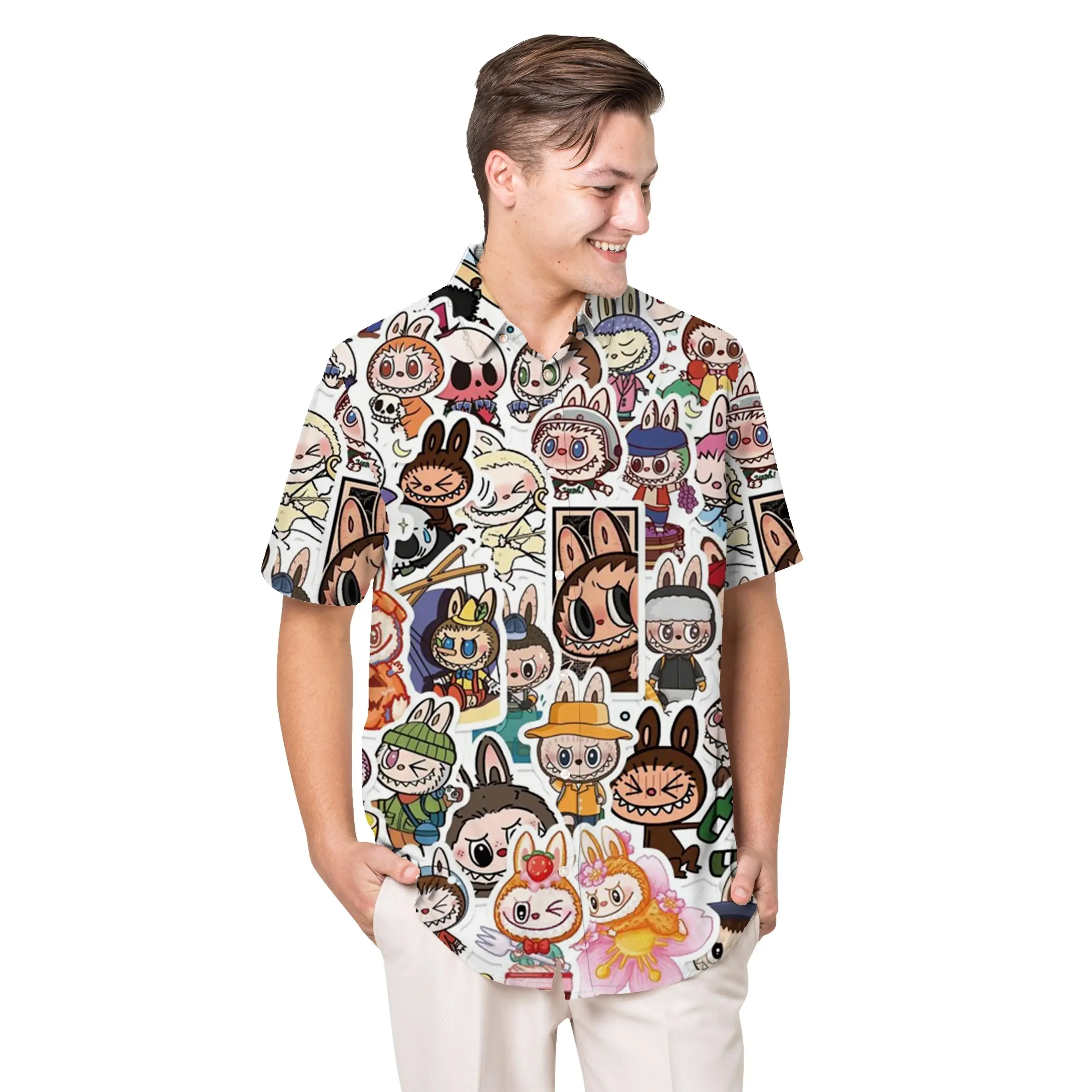 

Jumeast Cartoon Labubu Pattern Short Sleeve Hawaiian Shirt Graffiti Graphics Polyester Aloha Shirts Casual Men Clothing