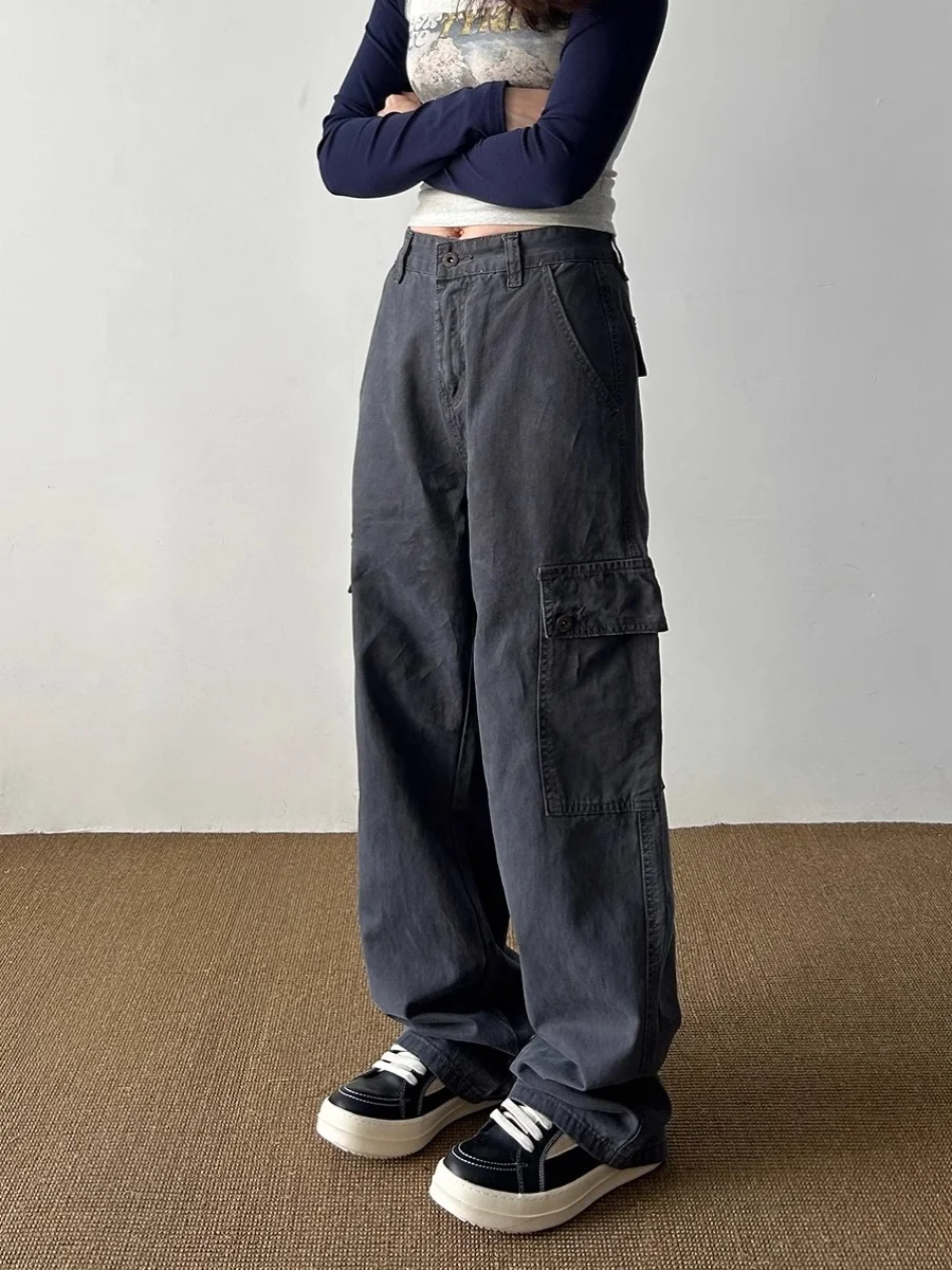 

American Retro Grey Work Pants Men's High Street Straight Loose Casual Trousers Pocket Design Long Pants Youth Active Style