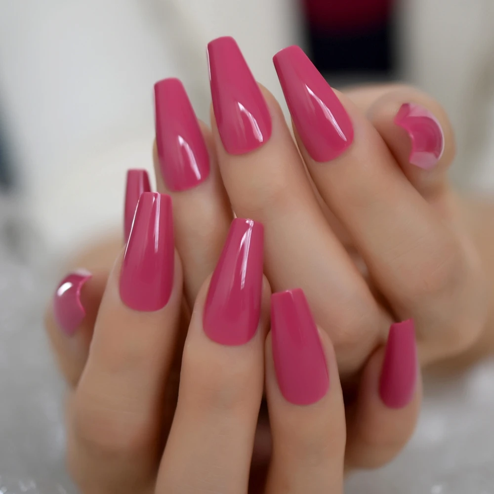 Medium Long Coffin Fake Nails Rose Pink Shiny Surface Faux Nails Thick Acrylic Nail Art Tips Many Colors