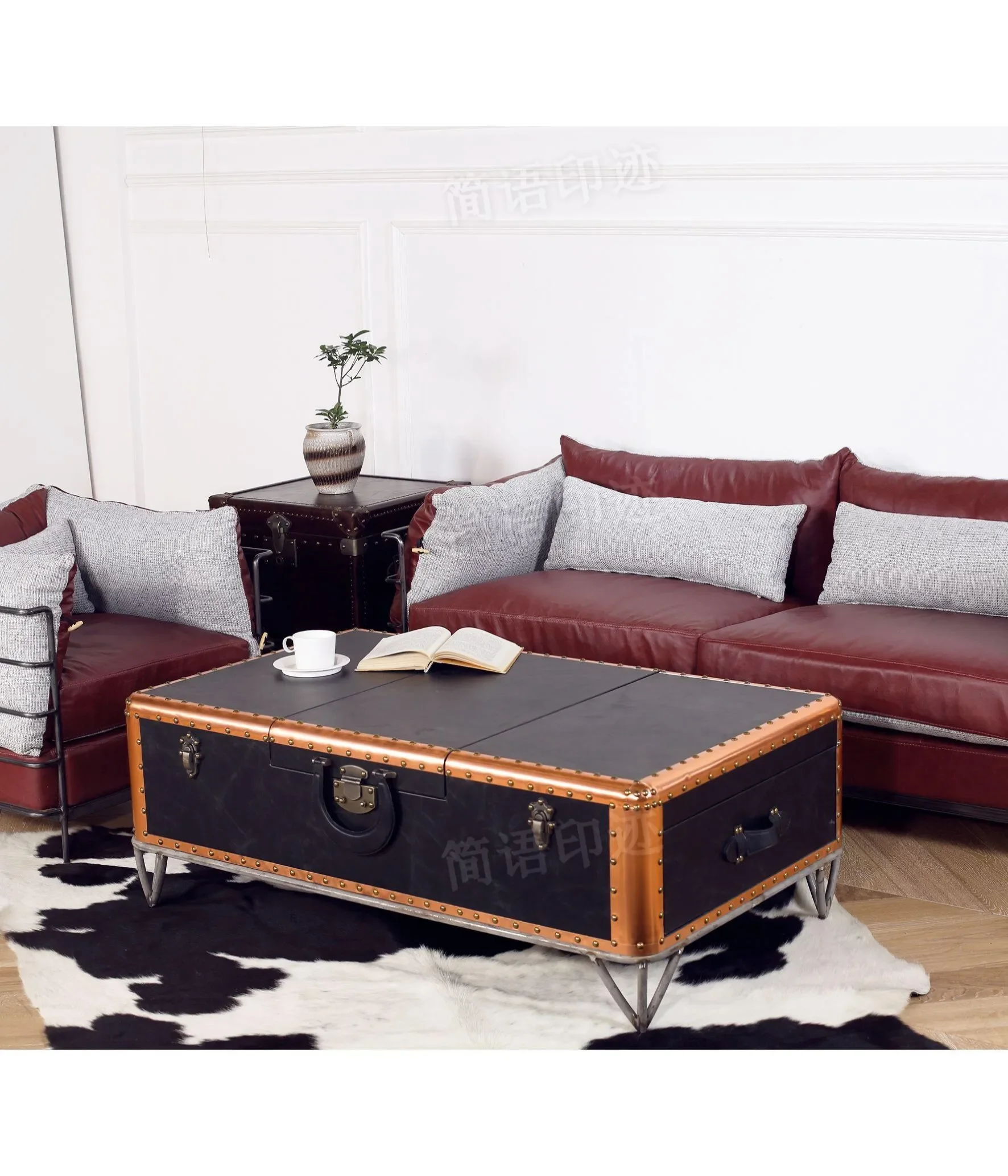 

A Medium style retro metal coffee table functional suitcase American living room table stainless steel table