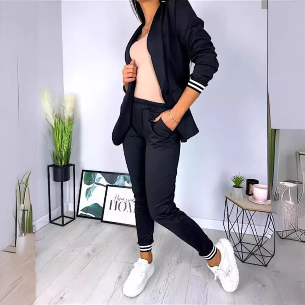 Fashion Striped Splicing Long Sleeve Blazer Women 2 Piece Set Autumn Slim Fit Pocket Small Feet Trousers Female Suit Office Suit