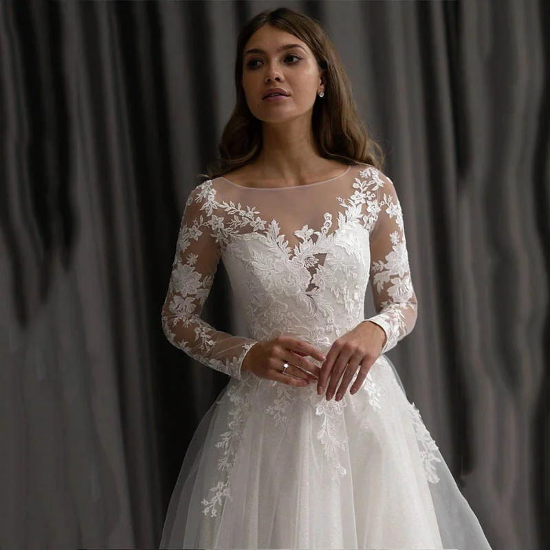 Eleganti Appliques di pizzo a maniche lunghe abiti da sposa scollo tondo a-line abiti da sera treno a terra Bling vestidos de fiesta