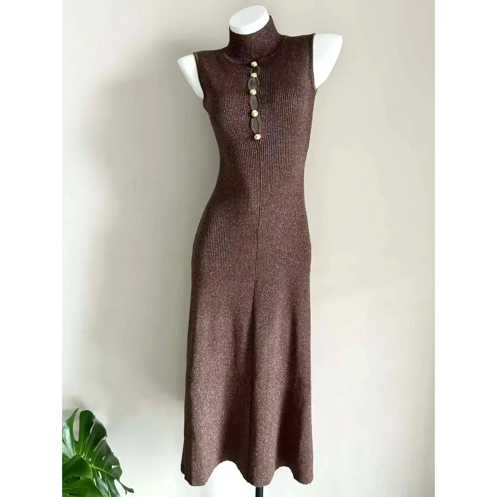 

Женское облегающее платье с золотыми нитями, элегантное, без рукавов, модное, вязаное, с полувысоким воротником, на пуговицах, с кружевной спинкой