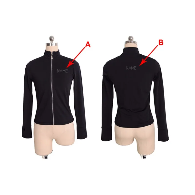 Traje de patinaje artístico personalizado, chaqueta superior, traje de entrenamiento con cremallera, terciopelo negro para niños y adultos, Color sólido, hombre de hielo, diamante