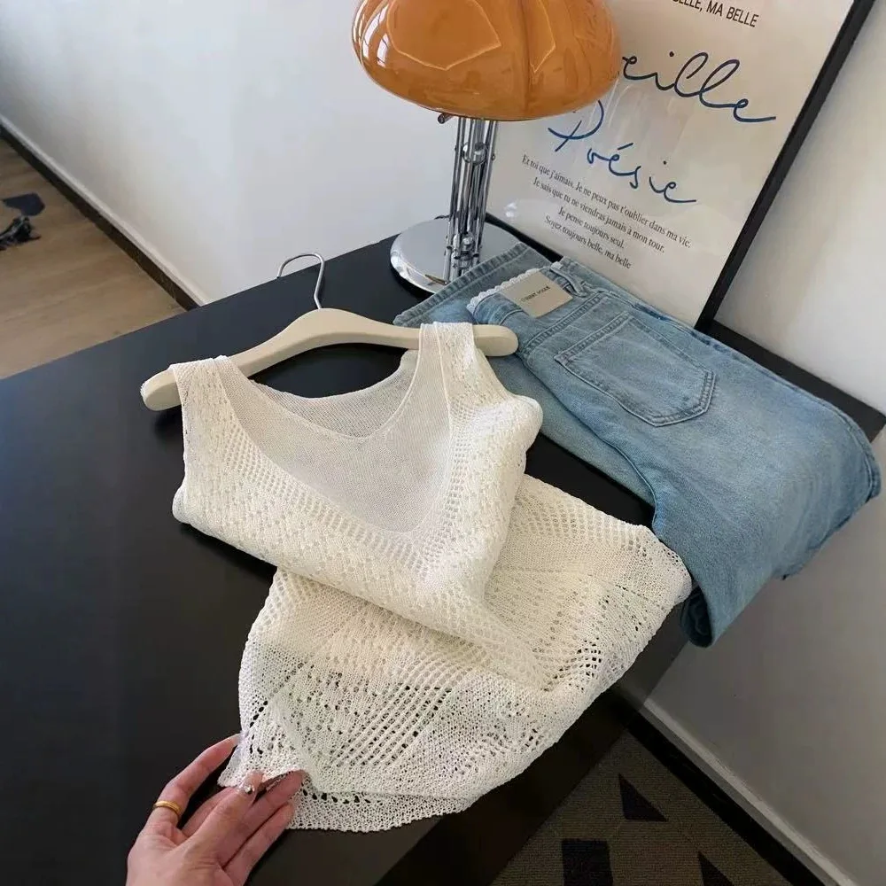 Solid Color Simple Casual Hollow Slightly Transparent V-neck Sling Stacked Vest Inside and Outside Spice Girls Sleeveless 2026