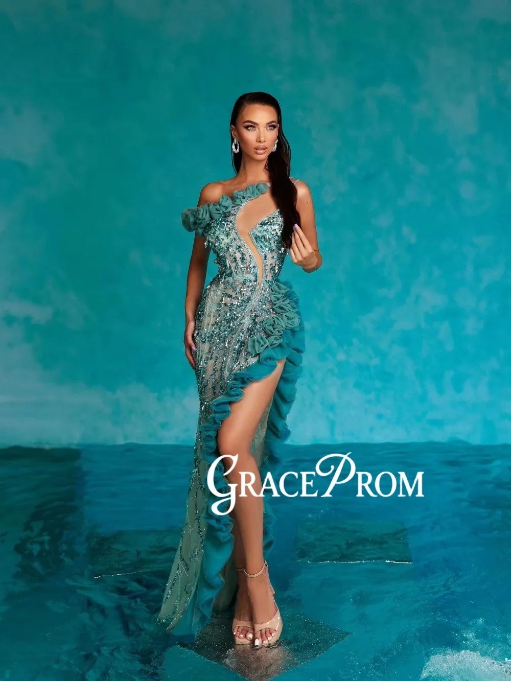 

Ruffled Beaded High Slit Evening Dress Off Shoulder Mermaid Long Wedding Party Gown 2026 New Customized Exquisite Prom Dresses