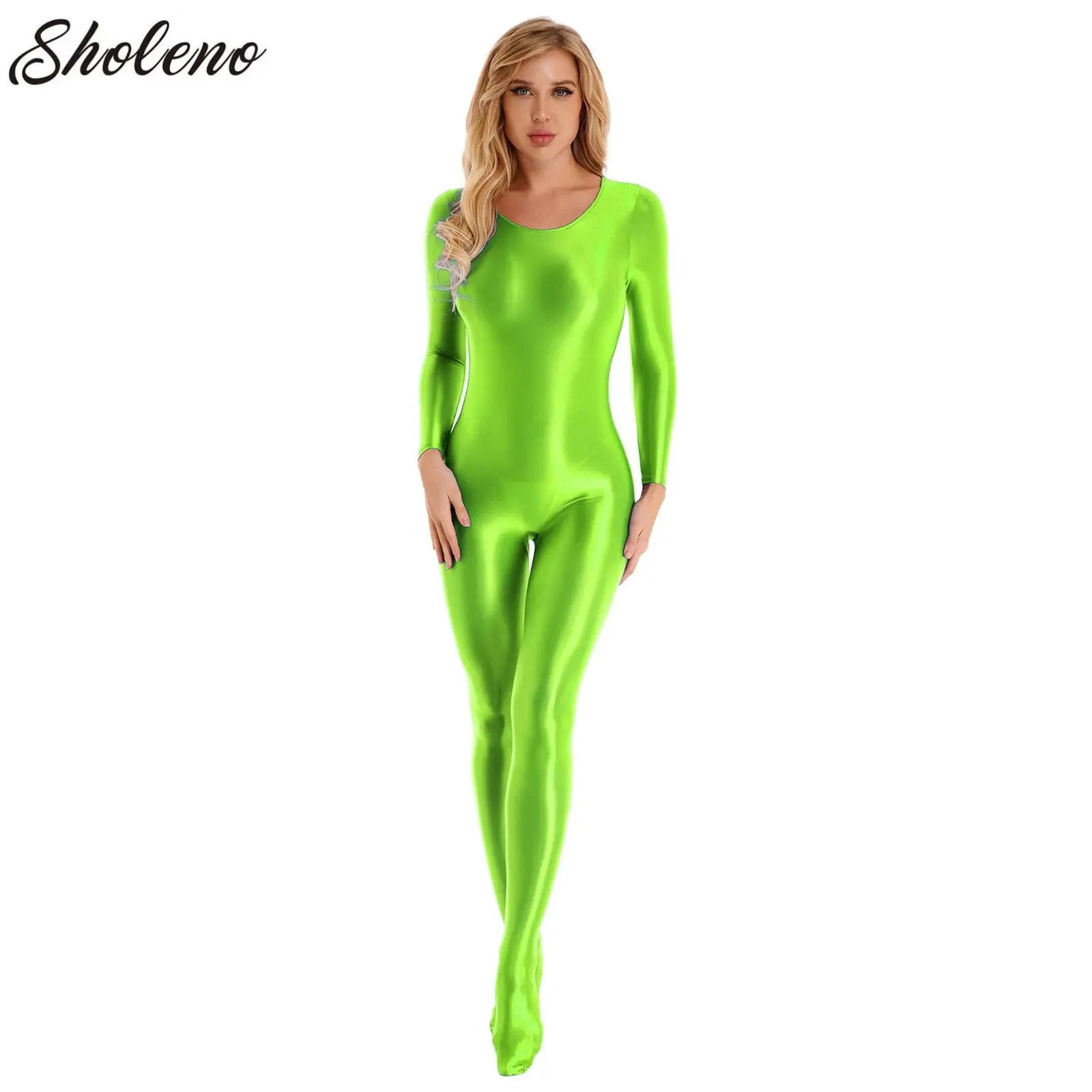 

Adult Nylon Zentai Suit Costume Womens Smooth Long Sleeve Bodystocking Tight Jumpsuit Solid One Piece Bodysuit Ballet Dancewear