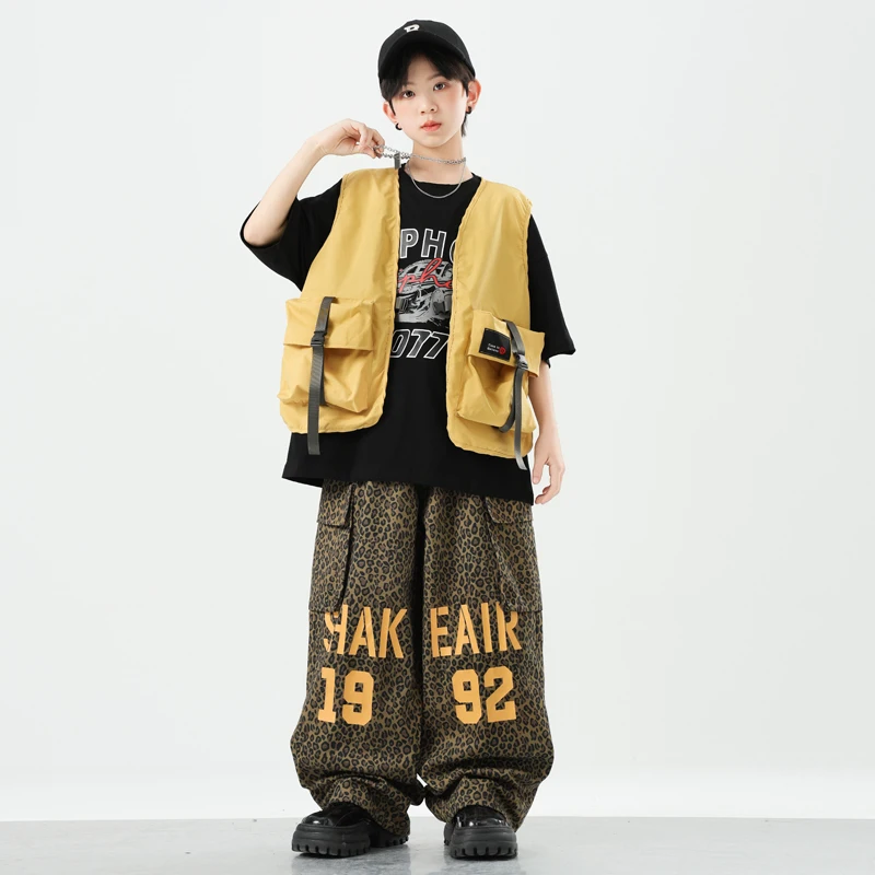 Ropa de calle para niños, chaleco amarillo de Hip Hop, camisa, pantalones Cargo, pantalones para correr de baile callejero para niñas, conjuntos de ropa, disfraces morados de Jazz para niños