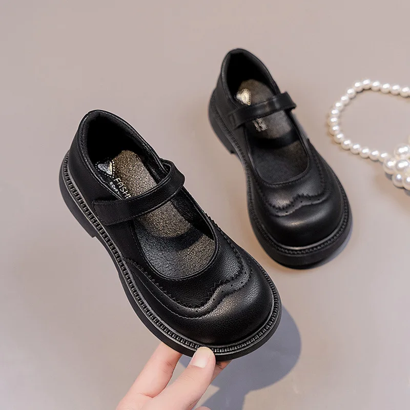 

New spring and autumn thick-soled girls' shoes, children's small leather shoes, baby black round-toe shoes