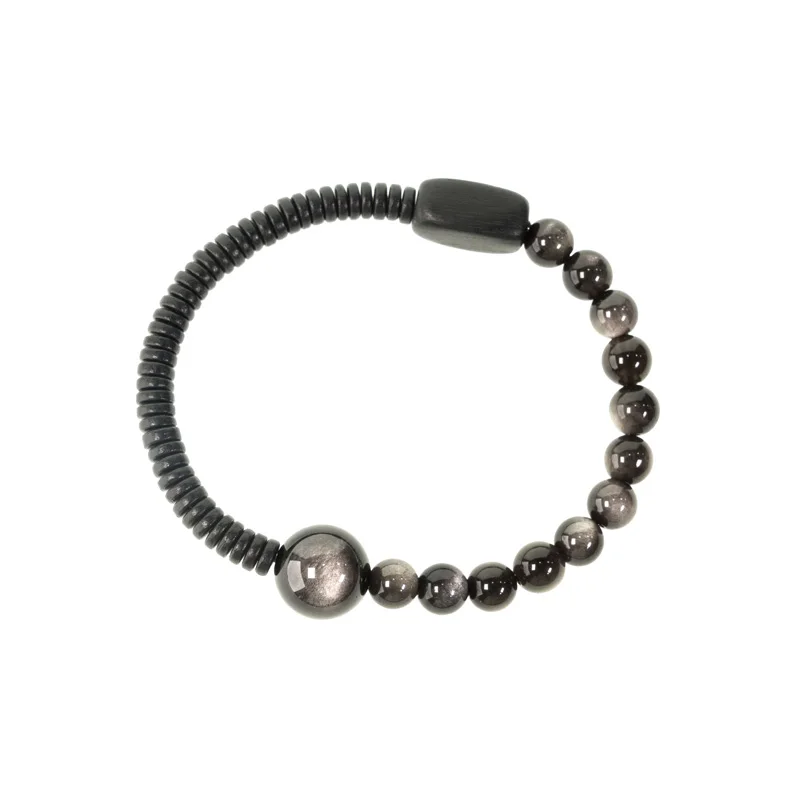 

Personalized silver obsidian black sandalwood small bead bracelet men's retro versatile single ring bracelet