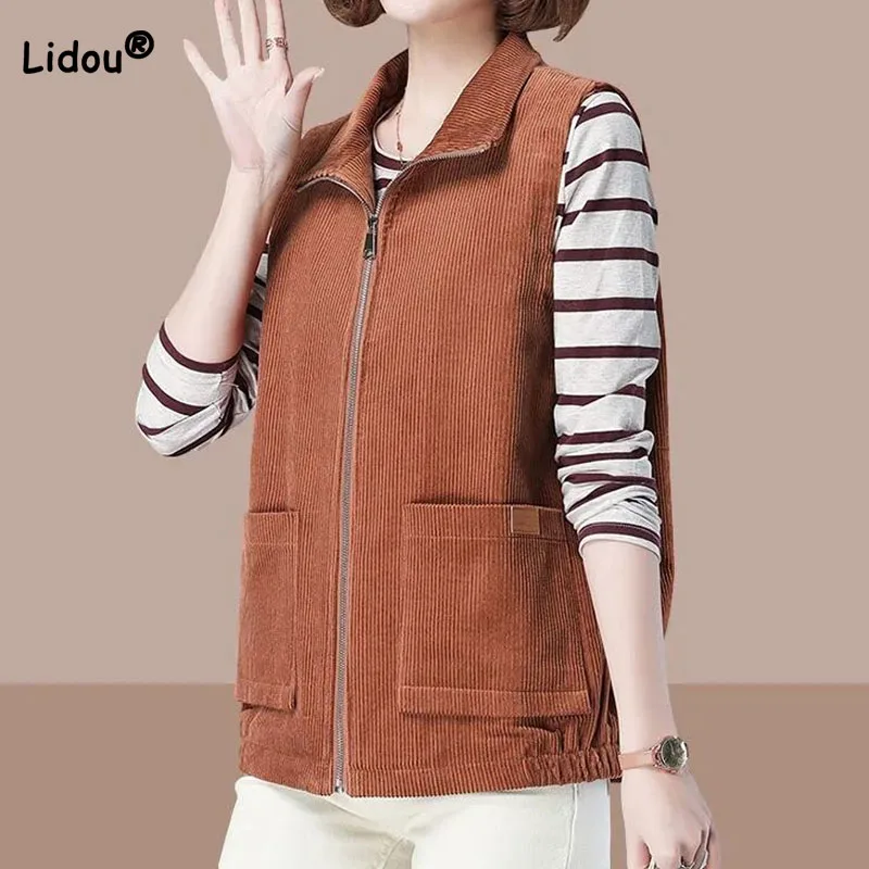 

Casual Korean Solid Color Zipper Jackets Vests for Female Autumn Winter All-match Loose Pockets Spliced Coats Women's Clothing