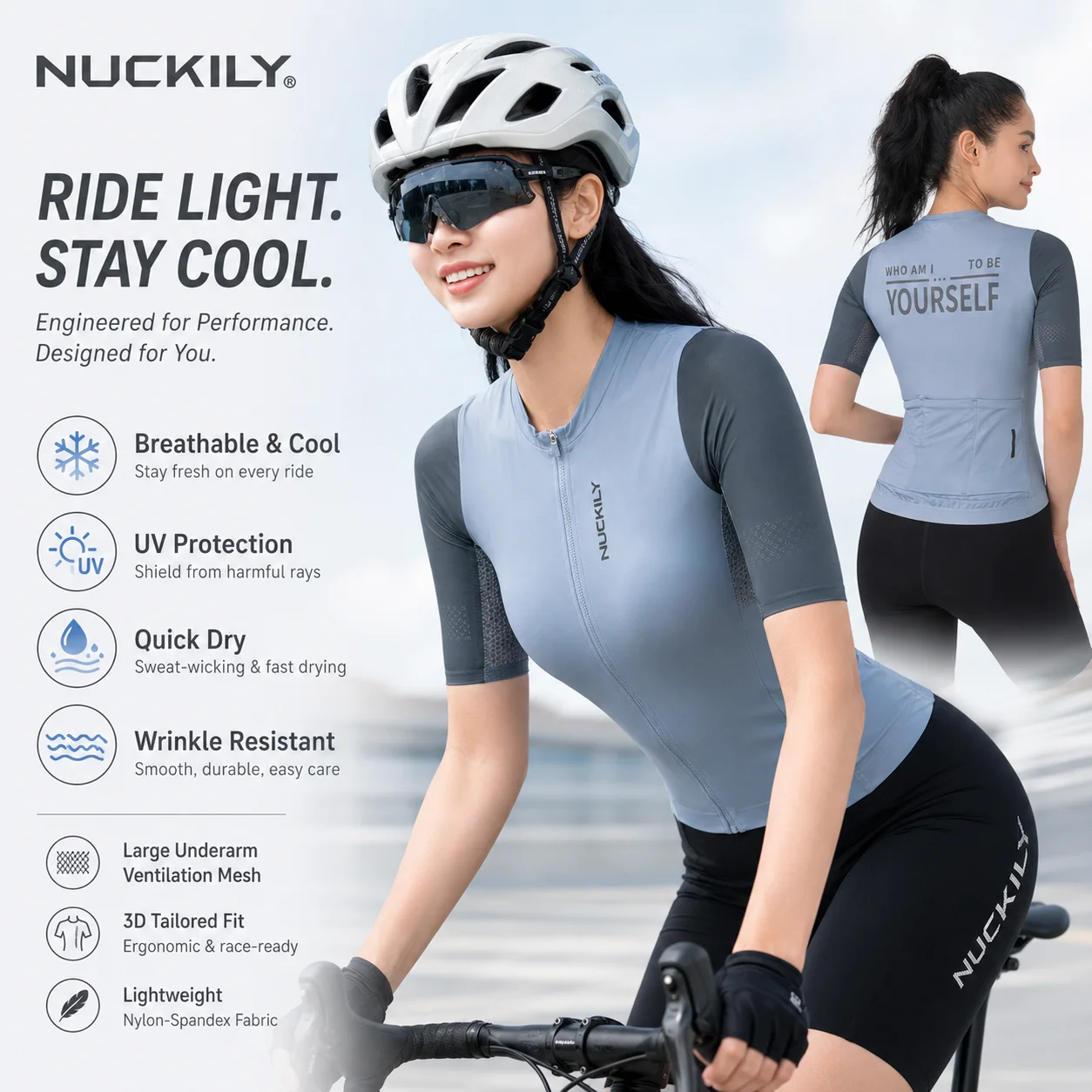 

NUCKILY Women's Bicycle Jersey Quick Dry Anti-Wrinkle Breathable Mesh Underarms with Reflective Print for Safety