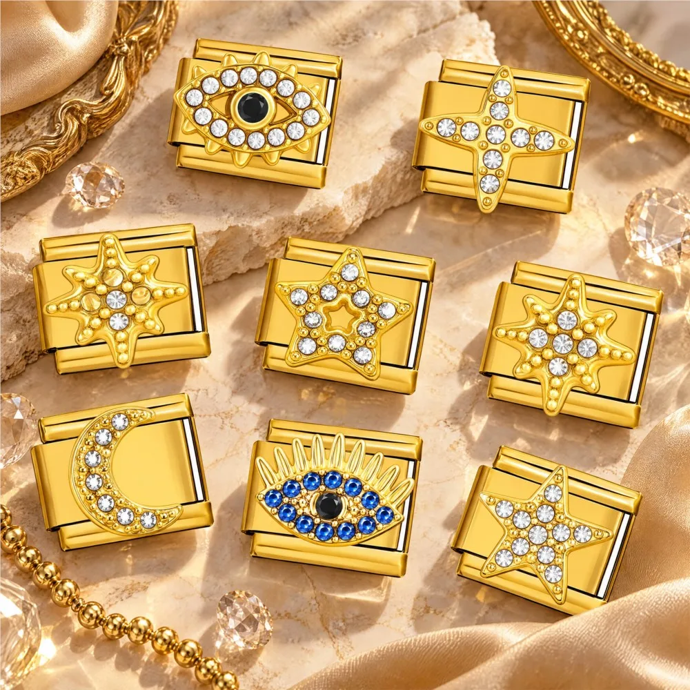 Italian Charms Cubic Zirconia Evil Eye Link Beads Bracelets Fit 9mm Stainless Steel DIY Jewelry Trendy Moon Star Accessories