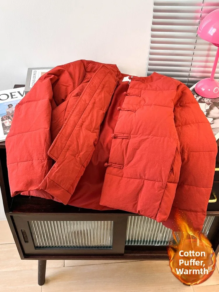 

Thickened Retro Style Women's down Cotton Jacket Red Quilted Warm Coat Button Front Closure Long Sleeve Stand Collar Coat