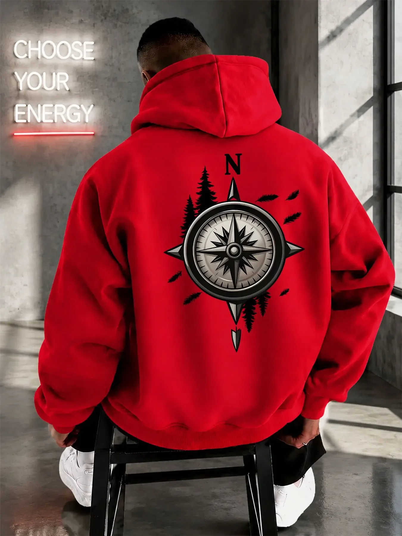 Hot Selling Outdoor Compass Pine Tree Graphic Hoodie Men Women Oversized Casual Streetwear Hooded Sweatshirt