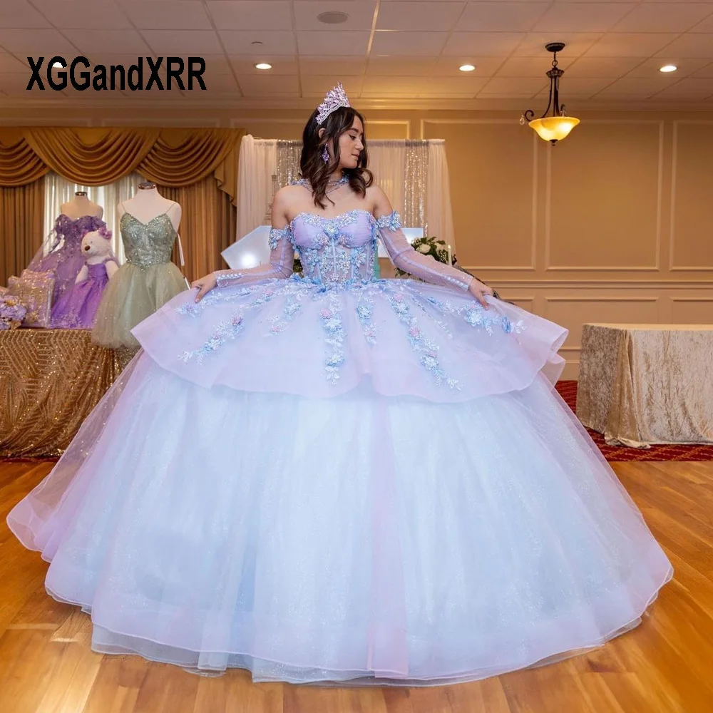 Vestido De baile De manga larga para quinceañera, traje azul claro, capa Floral 3D, México dulce 16, 15 Años De cumpleaños, 2024