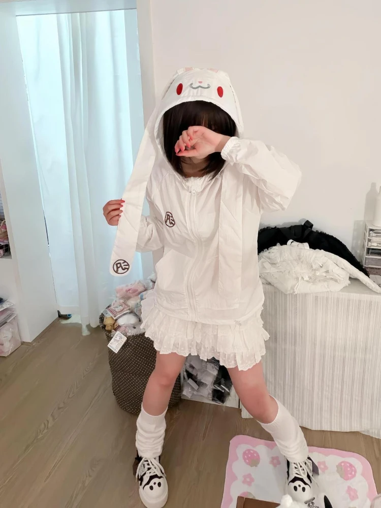 Kawaii Japanese Softgirl Bunny Ear Hooded Long Sleeve Sun Protection Jacket Women Embroidered Badge Loose Fit Thin Summer Daily