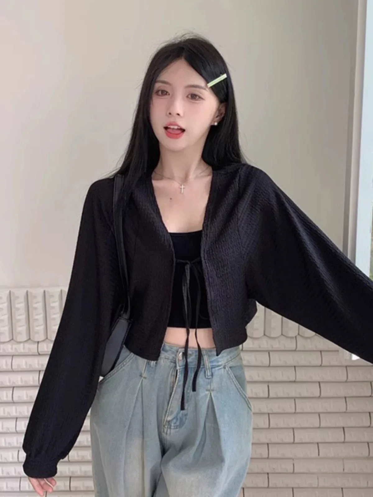 Women's Elegant Summer Sun Protection Cardigan Solid Color Loose Lace-up Long Sleeved Shawl Versatile Open Front Knit Sweater