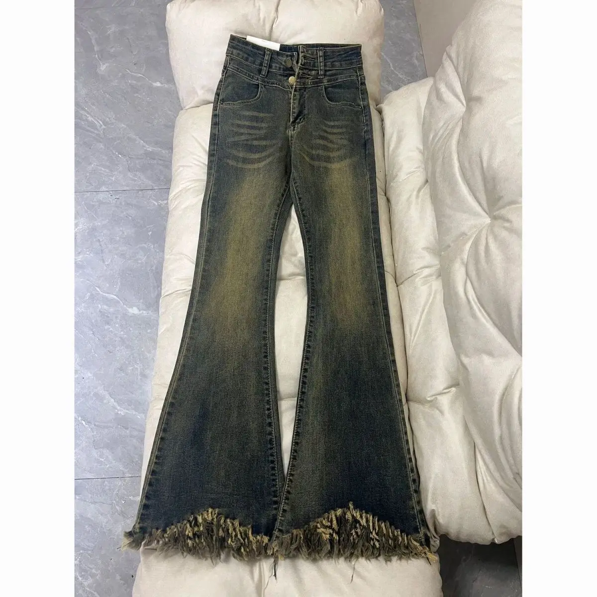 

Large size micro-pull retro blue rough edge fringed new versatile jeans women's high waist and thin horseshoe horn long pants