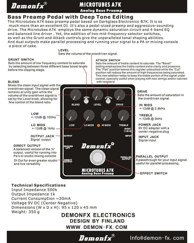 Demonfx MICROTUBES A7K アナログベースプリアンプペダル ベース