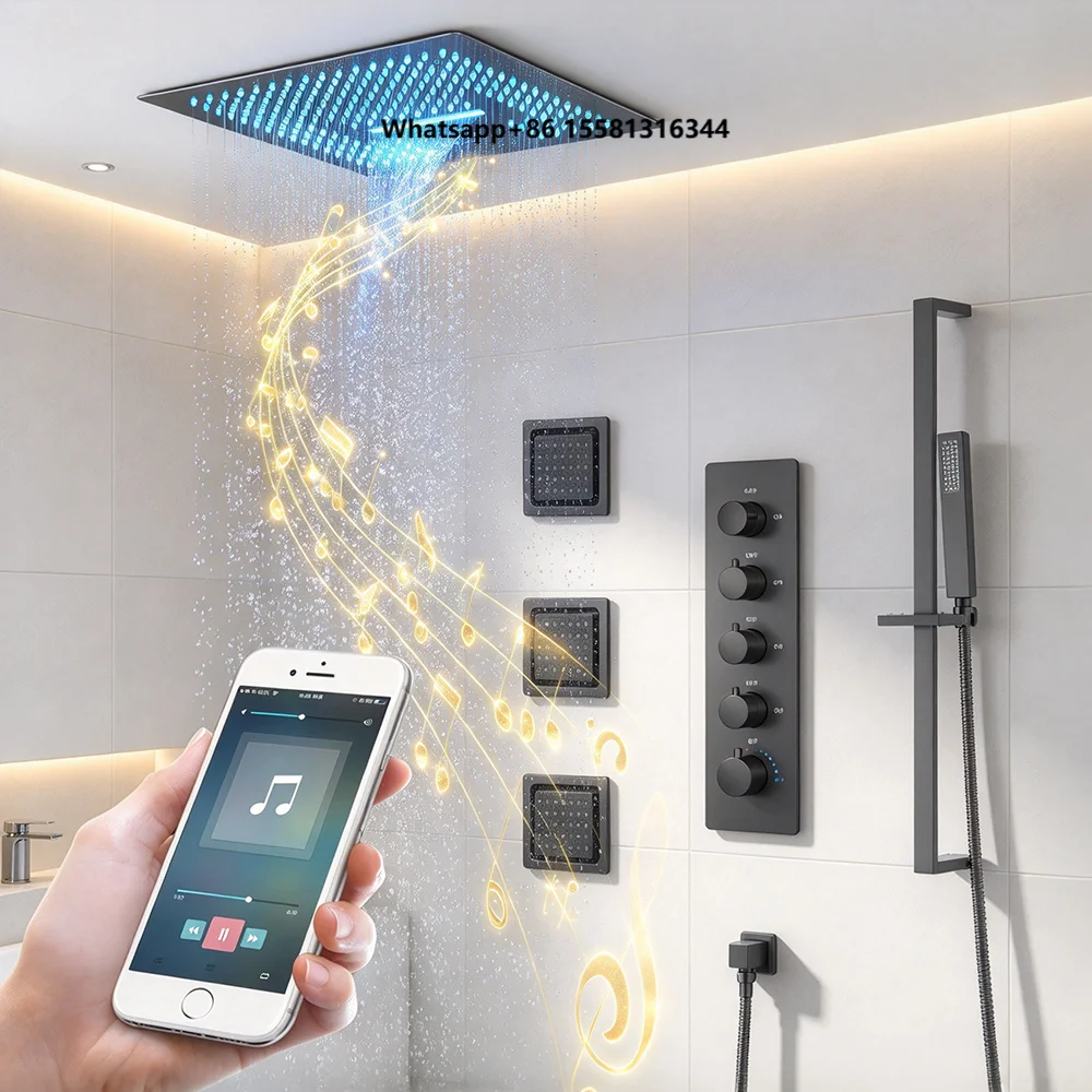 Thermostatic Matte Black Brass Shower Faucet Slide Bar 16-Inch LED Rainfall/Waterfall Shower Head Sound System for Hotel Use