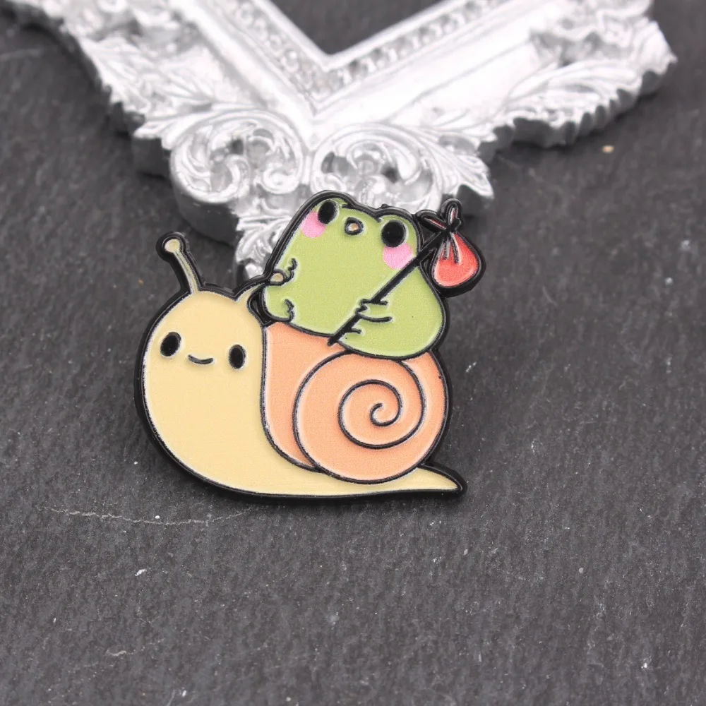 creative cartoon frog riding snail badge lapel pin for backpack bags