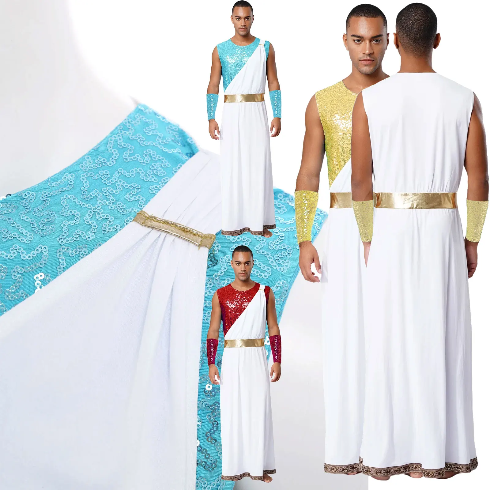 

Mens Ancient Greek Toga Roman King Prince Cosplay Costume Halloween Shiny Sequins Robe Dress with Cuffs Theme Party Outfits