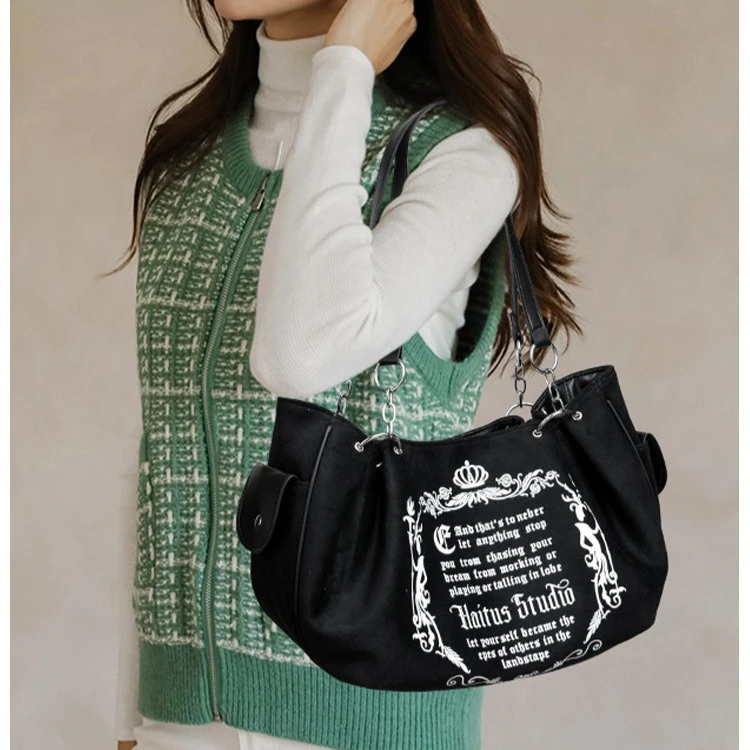 

Large-capacity retro chain tote women's bag Faux Suede letter graffiti soft crossbody hand-held pumpkin bag