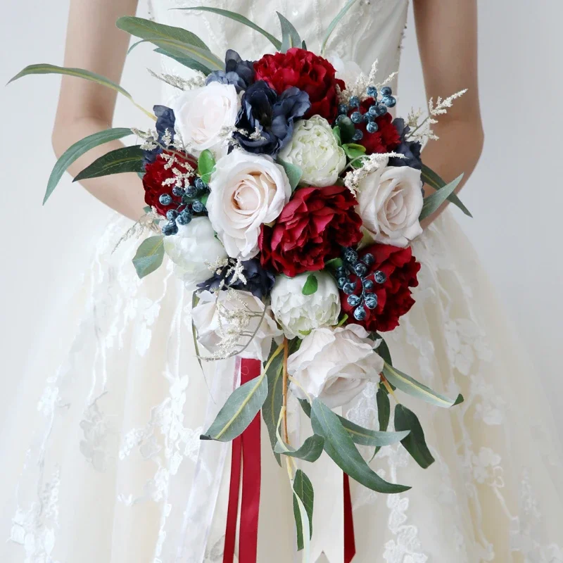 

Christmas Decor Vintage Champagne Bouquet Waterfall Wedding Bridal Bridesmaid Hand Tied Artificial Flower Festive Party Home