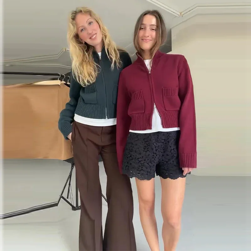Damenmäntel mit Stehkragen, Doppelreißverschluss, kurzer Strickcardigan, Herbst, Damen, lange Ärmel, Taschen, einfarbig, schlanke Strickwaren, neue Oberteile – Detail 25