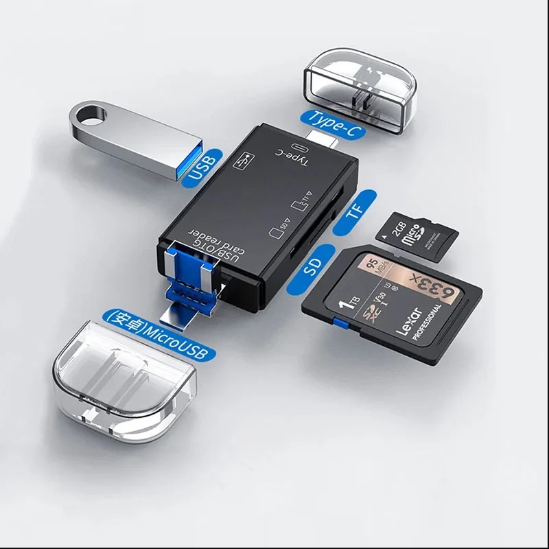 6 in 1 Type C/USB Card Reader 6 Port USB Disk Micro SD TF Memory Card Writer Mobile Phone Adapter Laptop Computer USB Extender