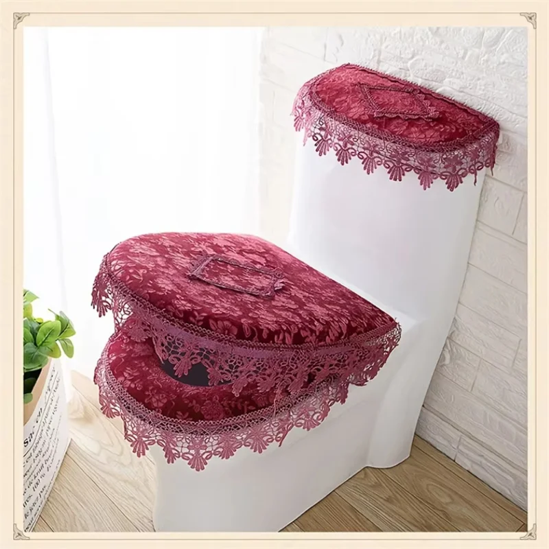 

Полностью завернутая крышка для унитаза, набор из трех предметов, изысканный кружевной край, крышка для унитаза, крышка бачка для воды, крышка для унитаза, чехол на сиденье унитаза