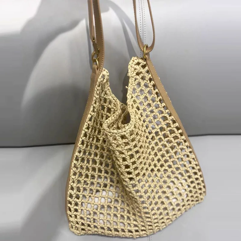 Hollow Out Straw Beach Bags For Women Luxury Designer Handbags And Purses 2024 New In Casual Handmade Weave Bucket Shoulder