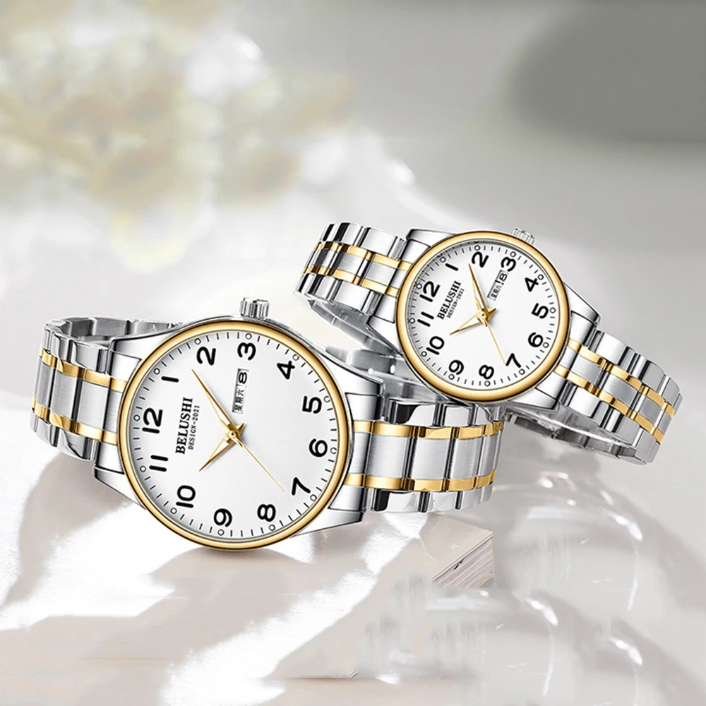 BELUSBottles-Montre-bracelet à quartz en acier pour hommes et femmes, horloge Shoous, montres de couple décontractées pour amoureux, date et semaine, tout neuf, qualité supérieure